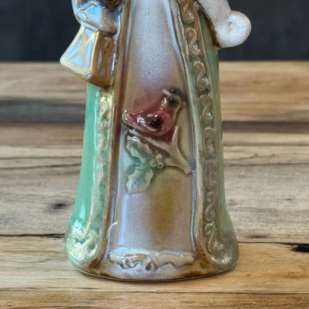 Old World Style Glazed Ceramic Santa Claus Figurine Cardinal Bird Green Robe 8